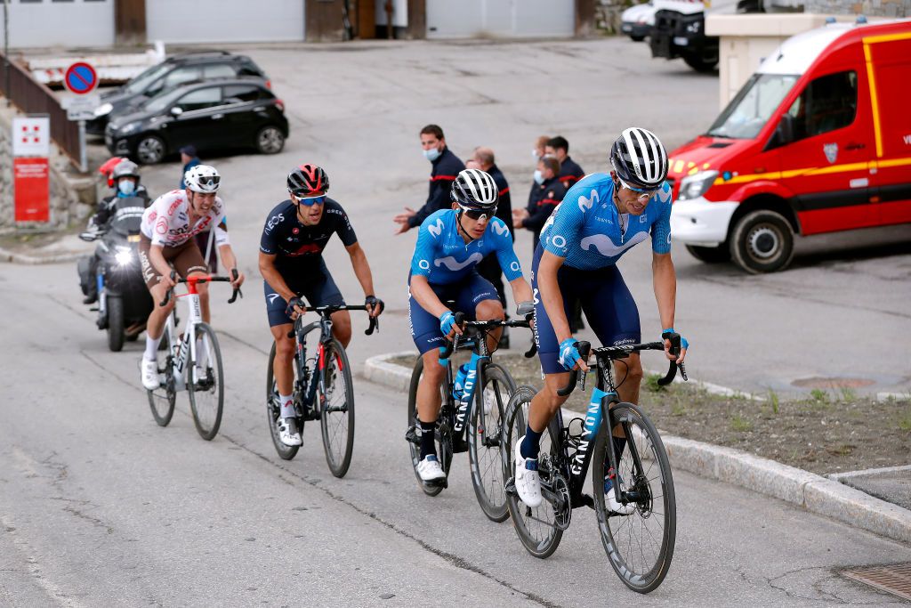 LA PLAGNE FRANCE JUNE 05 Enric Mas Nicolau of Spain and Movistar Team Miguel ngel Lpez Moreno of Colombia and Movistar Team Richie Porte of Australia and Team INEOS Grenadiers Ben Alexander Oconnor of Australia and AG2R Citren Team during the 73rd Critrium du Dauphin 2021 Stage 7 a 1715km stage from SaintMartinLeVinoux to La Plagne 2072m UCIworldtour Dauphin dauphine on June 05 2021 in La Plagne France Photo by Bas CzerwinskiGetty Images