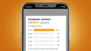 An iPhone on an orange background showing Amazon review star ratings