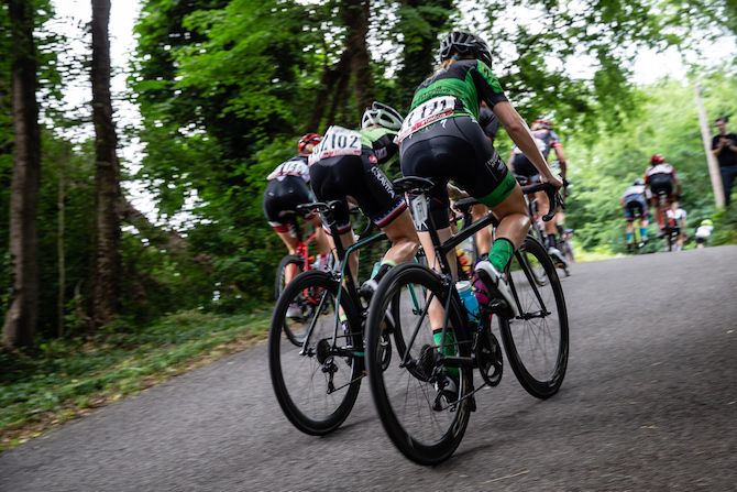 Riders go over the top of the climb at the US Pro Road Race National Championships on June 24, 2018 in Knoxville, Tennessee