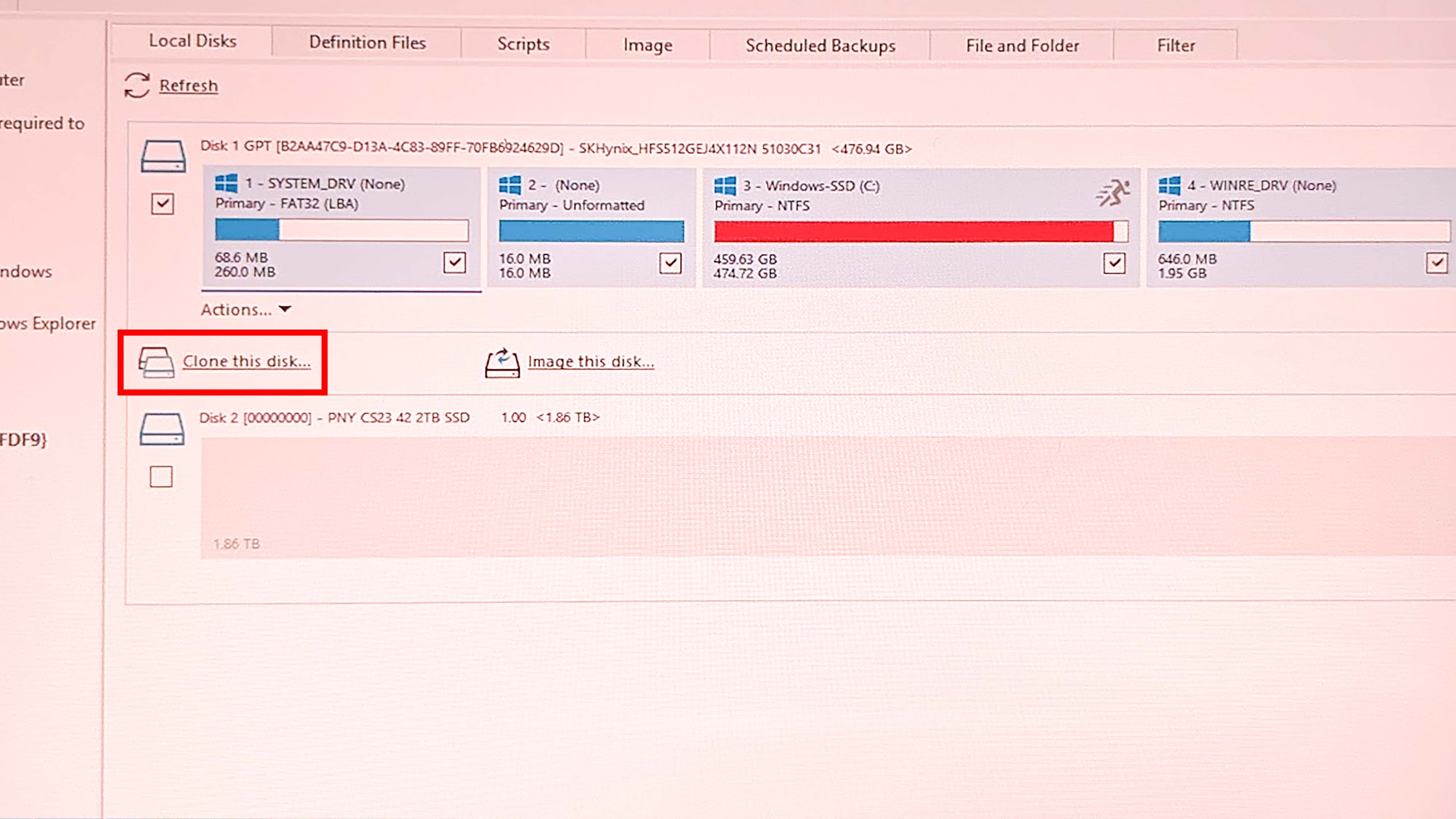 The Macrium Reflect program with Clone this Disk highlighted.