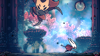 Hornet and a large bug do battle against a beautiful backdrop in Hollow Knight: Silksong.