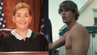 Judge Judy smiling on Judge Judy set and Justin Bieber in the Anyone music video.