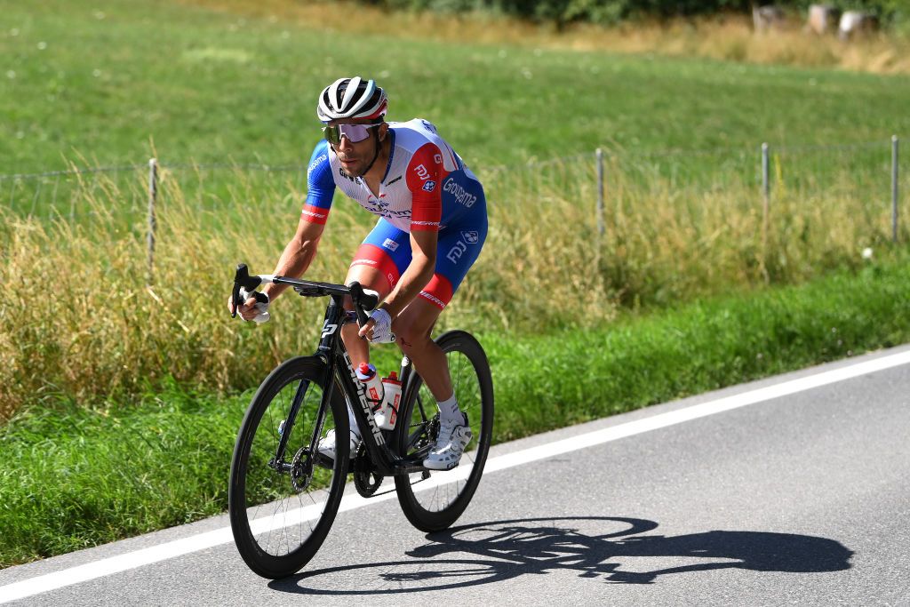 LAUSANNE SWITZERLAND JULY 09 Thibaut Pinot of France and Team Groupama FDJ dropped from the peloton after being involved in a crash during the 109th Tour de France 2022 Stage 8 a 1863km stage from Dole to Lausanne Cte du Stade olympique 602m TDF2022 WorldTour on July 09 2022 in Lausanne Switzerland Photo by Alex BroadwayGetty Images