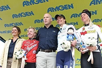 2008 Tour of California: Andrew Messick presented the first Amgen Women's Tour of California race podium - Laura Van Gilder, Brooke Miller and Emilia Fahlin.
