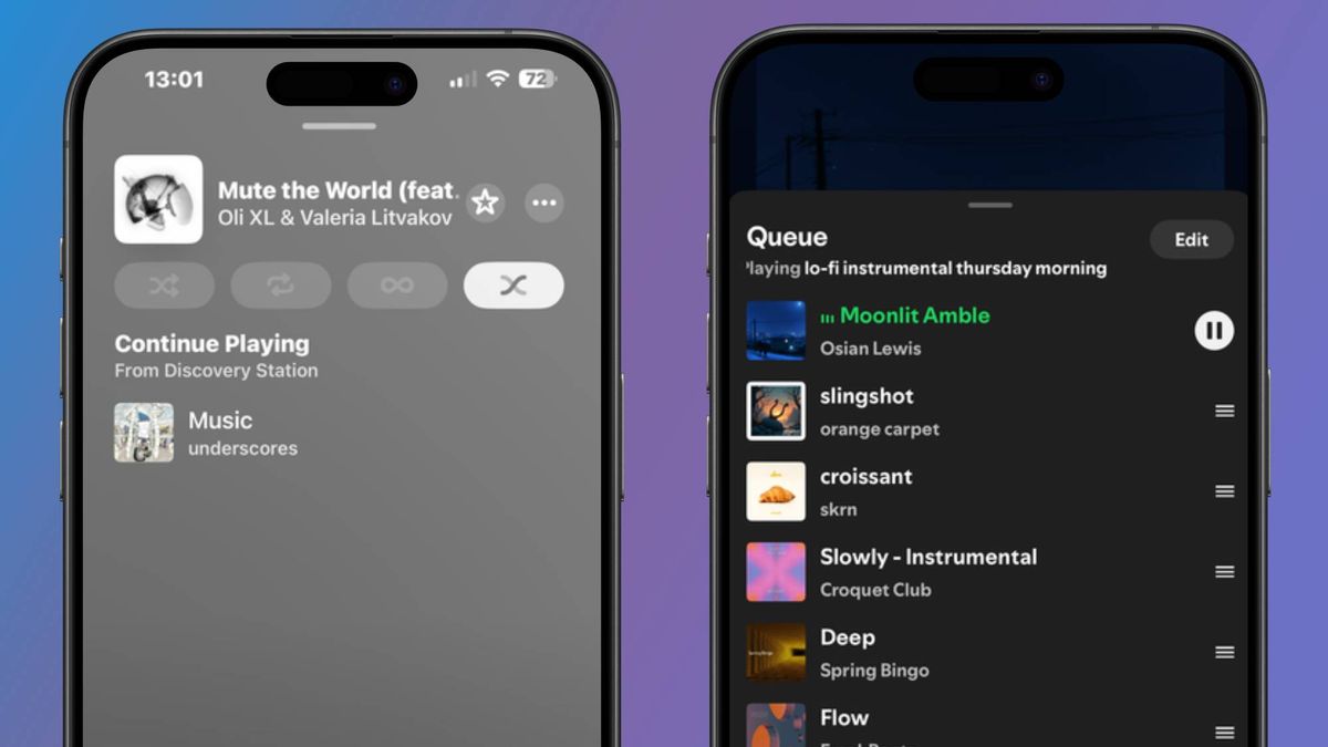 Two smartphones showing the queue systems for Apple Music and Spotify