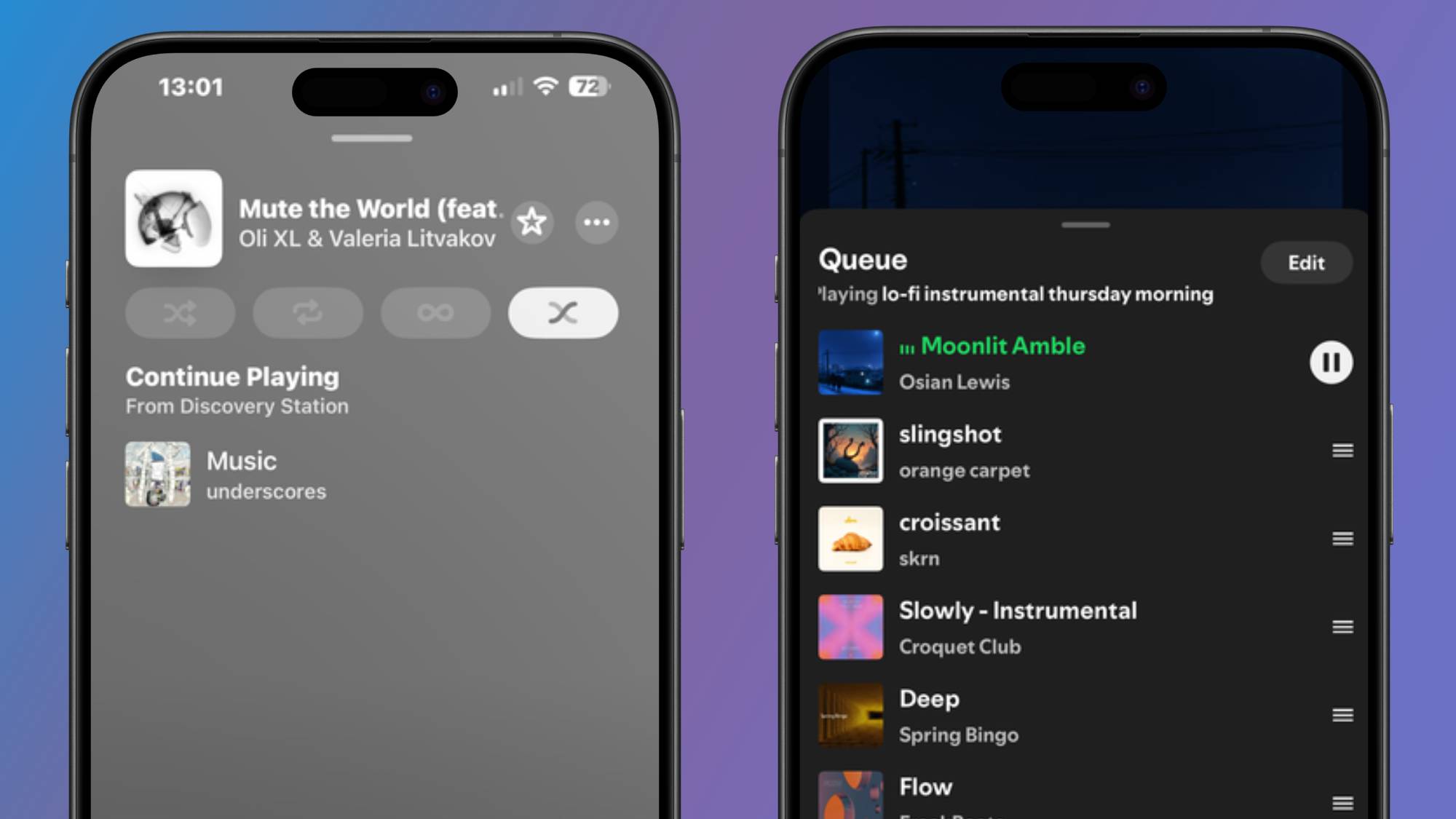 Two smartphones showing the queue systems for Apple Music and Spotify