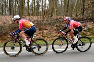 OUDENAARDE BELGIUM APRIL 02 LR Lotte Kopecky of Belgium and Team SD Worx and Silvia Persico of Italy and UAE Team ADQ compete in the breakaway competes during the 20th Ronde van Vlaanderen Tour des Flandres 2023 Womens Elite a 1566km one day race from Oudenaarde to Oudenaarde UCIWWT on April 02 2023 in Oudenaarde Belgium Photo by Luc ClaessenGetty Images
