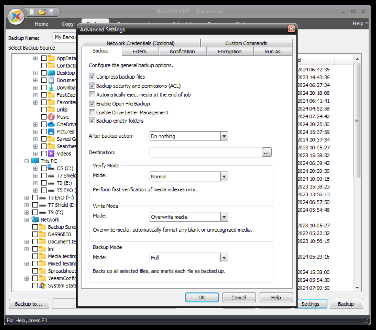 The NovaBACKUP advanced settings screen