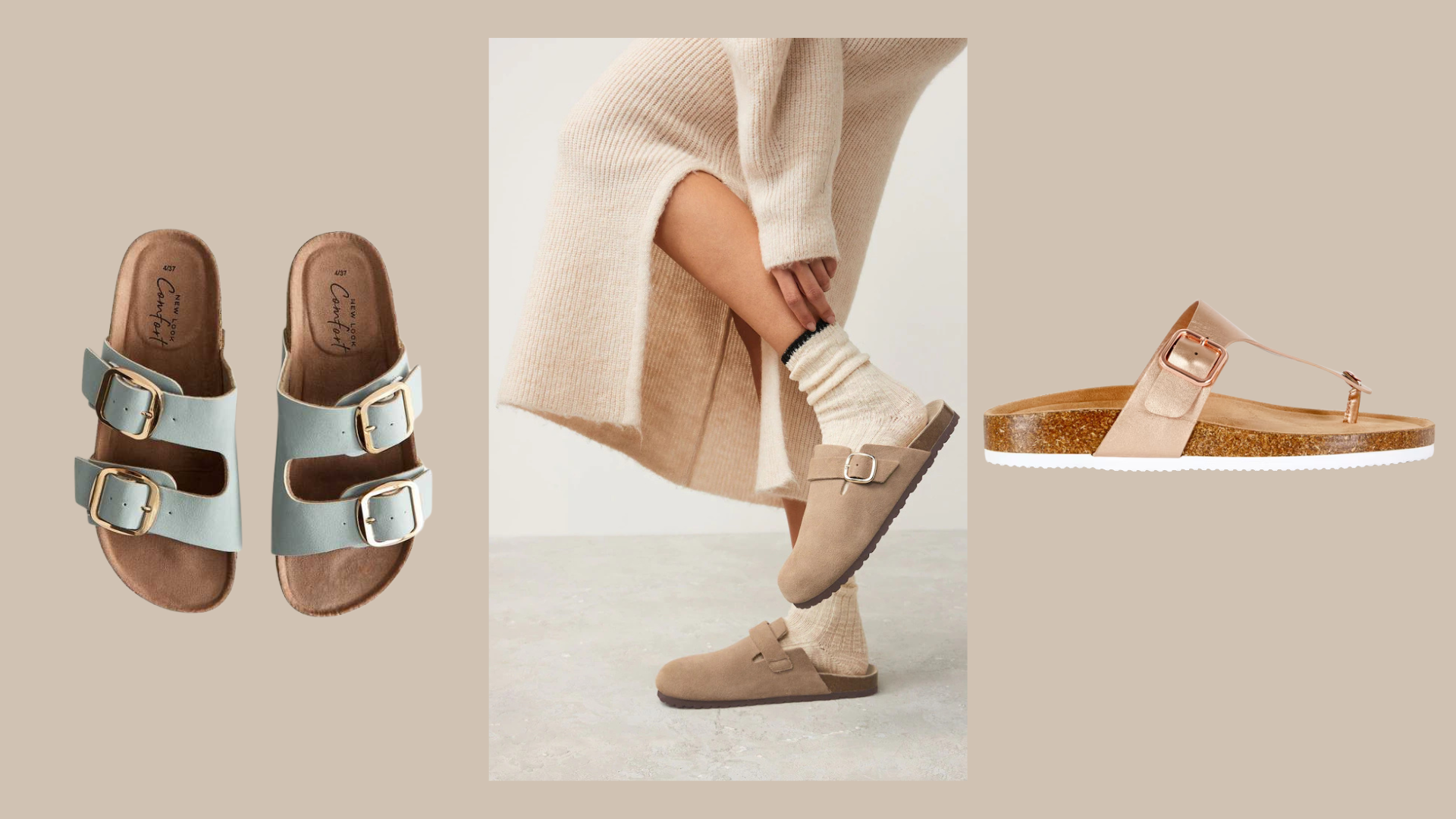 A collage of three pairs of Birkenstock dupes