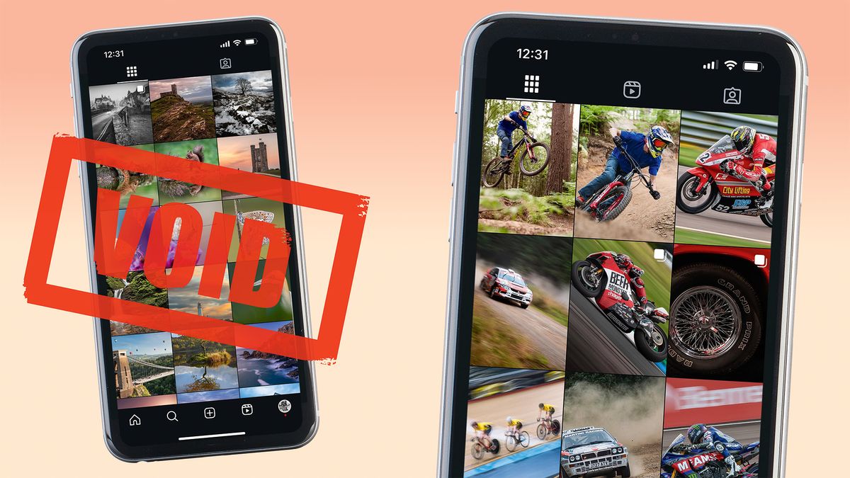 Two phones, one on left shows Instagram&#039;s old 1:1 grid style with stamp &#039;VOID&#039; and one on right shows Instagram&#039;s new 4:5 grid 