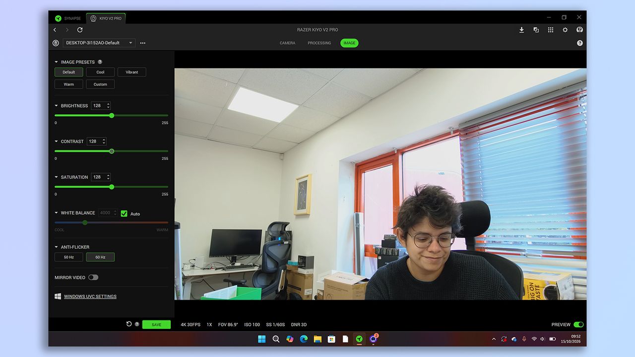 A screenshot of the Razer Kiyo V2 Pro's companion software