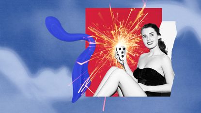 collage of woman holding a remote with a purple vibrator on the side