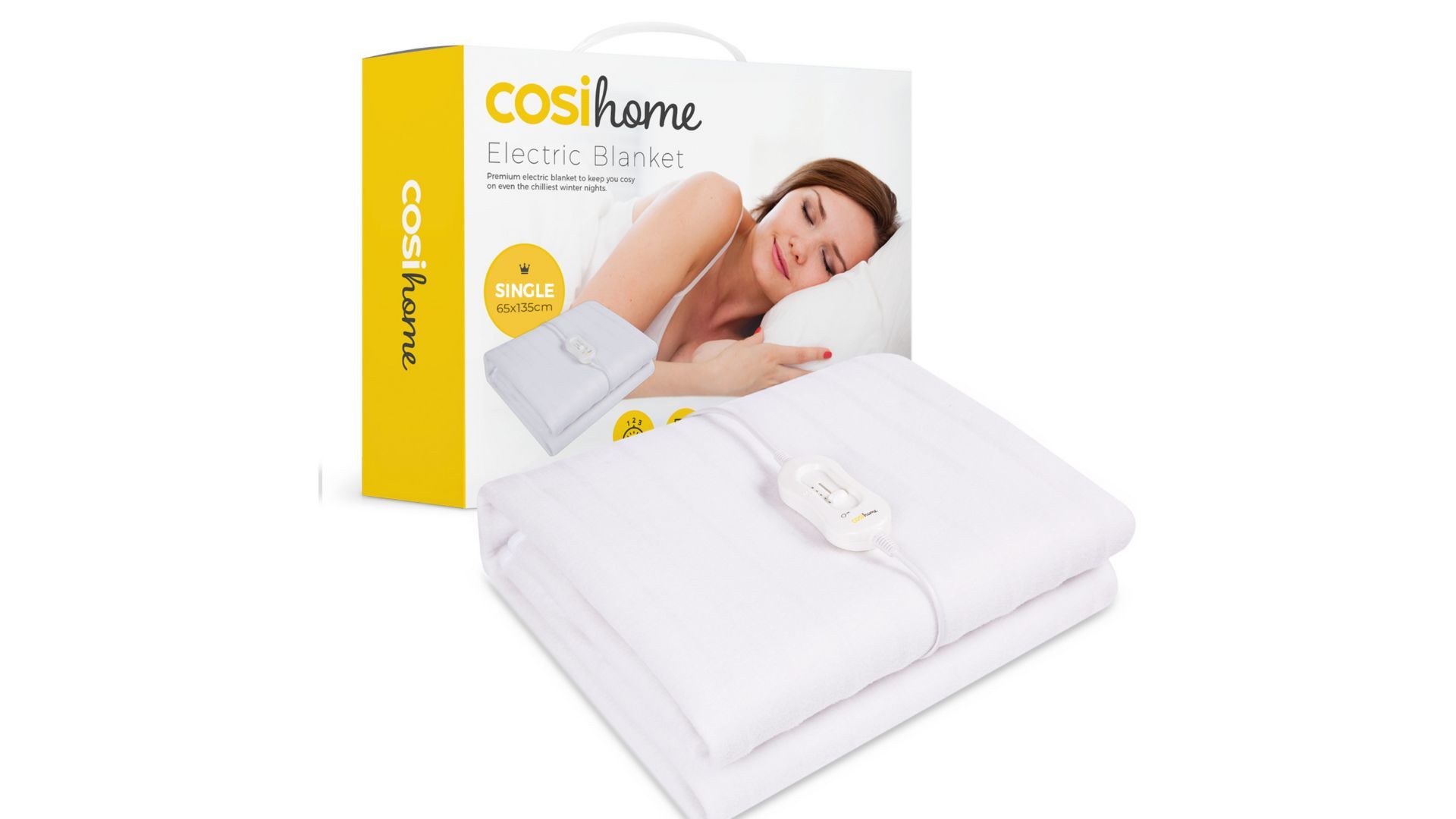 Cosi Home Premium Comfort Single Electric Blanket in front of box on white background