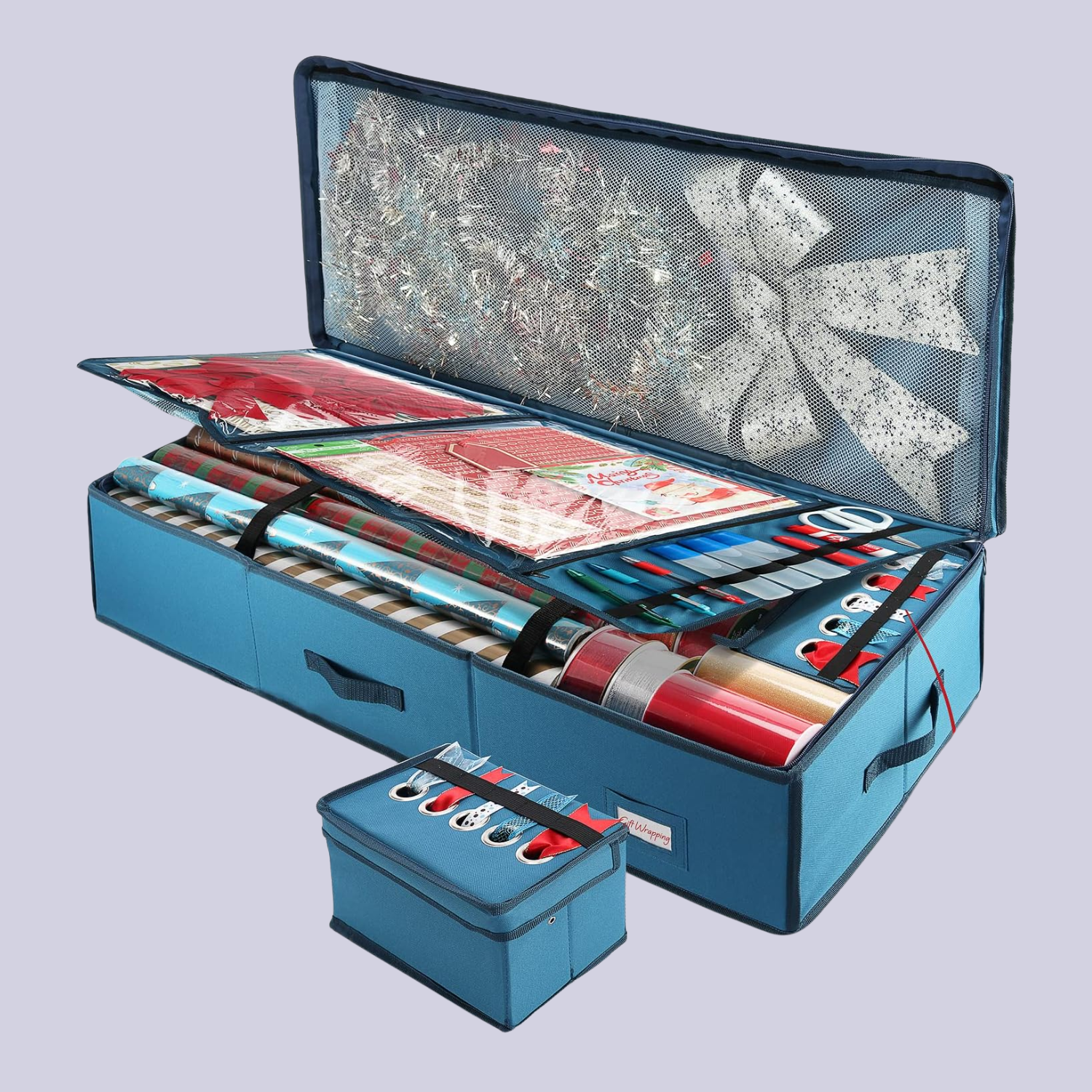 A blue box to organize wrapping supplies