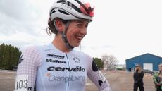 Canadian Sidney McGill celebrates the elite women's victory at 2024 Pan-Am Cyclocross Championships in Missoula, Montana