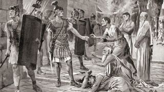 An illustration of the surrender of the ancient town of Fregellae to Lucius Opimius in 125 B.C.