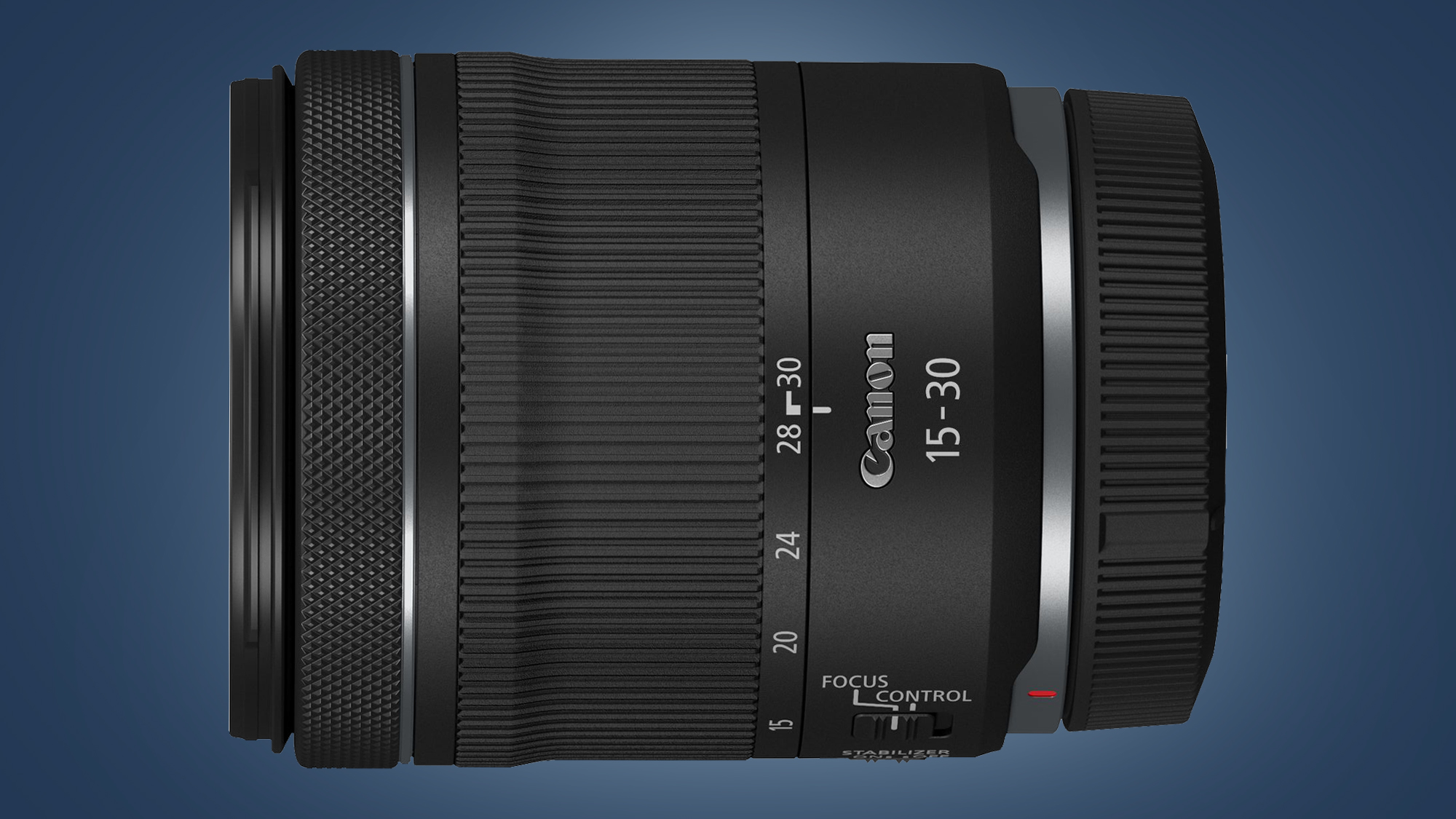 The Canon RF 15-30mm F4.5-6.3 IS STM lens on a blue background