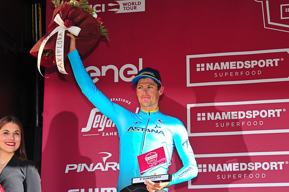 Jakob Fuglsang on the Strade Bianche podium after finishing second