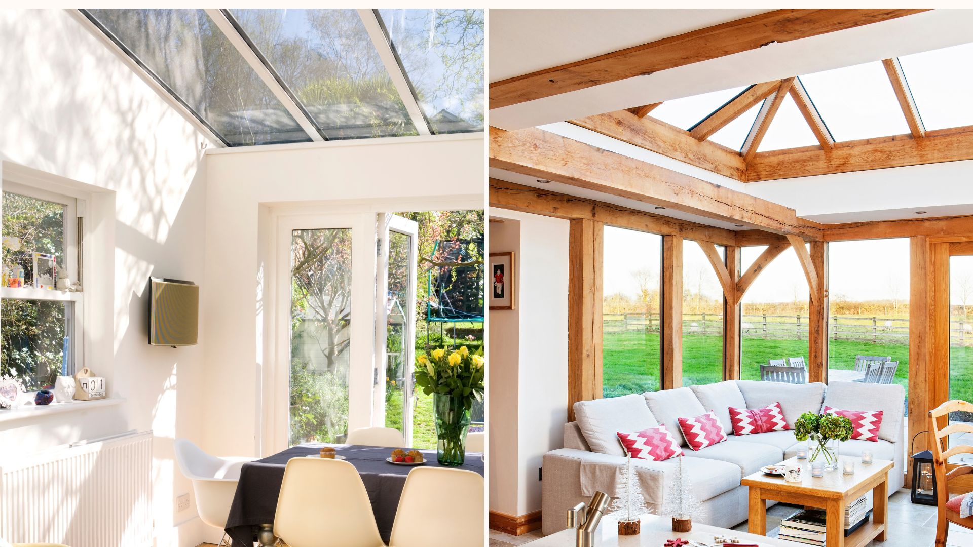 Split image of two homes with glass extensions