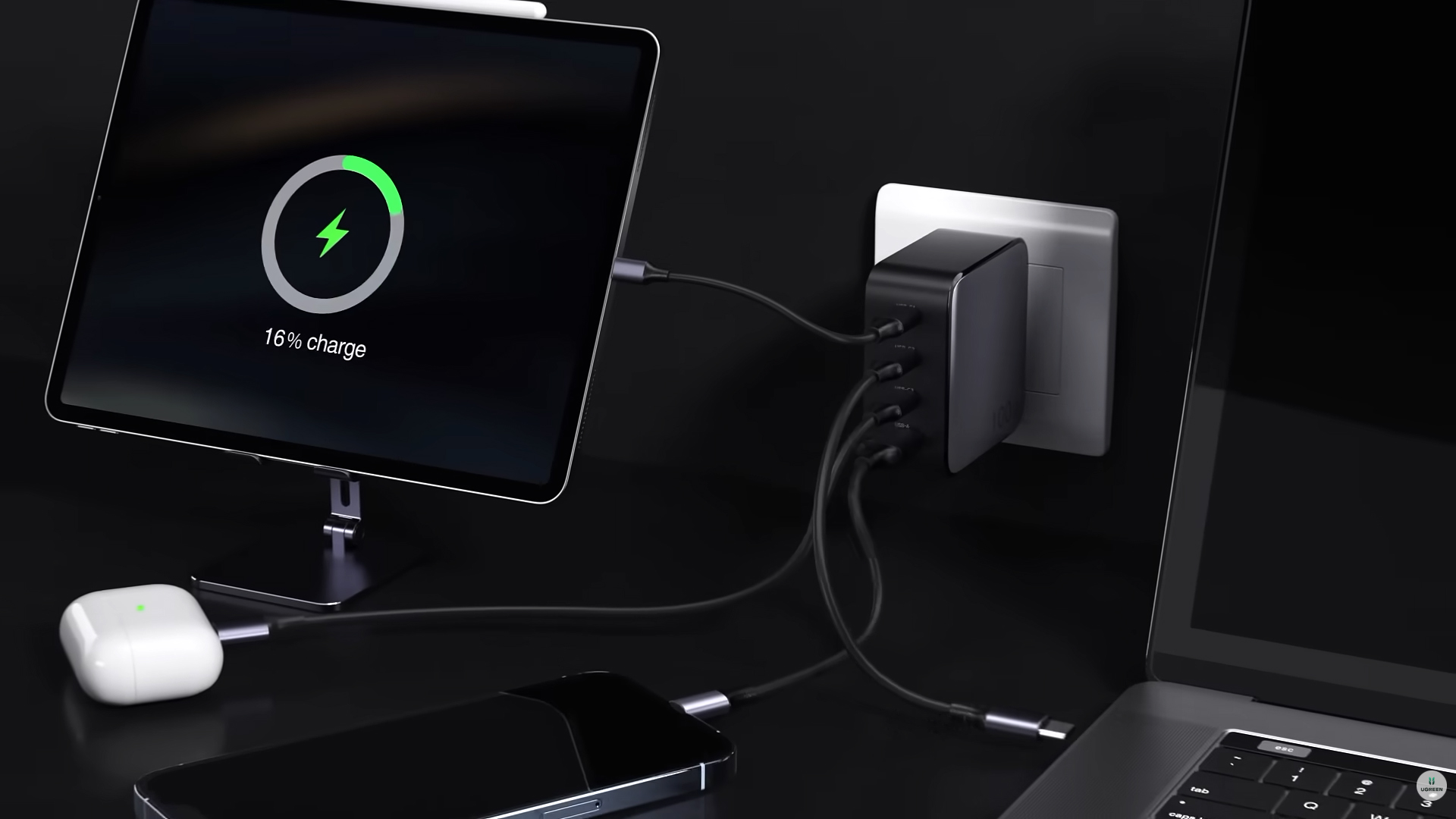 The Ugreen Nexode 100W GaN charger plugged with multiple devices
