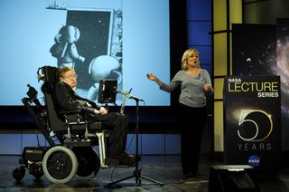 Stephen Hawking delivers a speech entitled "Why we should go into space" during a lecture for a series honoring NASA's 50th Anniversary, April 21, 2008, at George Washington University.