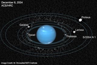 This version of the image identifies all of the bodies orbiting Neptune visible in the image. Note that even the newly-discovered moon, provisionally identified as S/2004 N 1, is visible here as a faint dot. Image released Oct. 8, 2013.