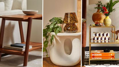 Three living room end tables, one wood mid-century modern end table next to a tan couch, a white modern end table with a plant and a leopard lamp, and a gold decked out end table with books and a whale tale figurine