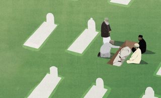 An illustration depicting a Muslim funeral with 2 men sitting by the open grave on the grass on the right and 2 other men on the left of the grave