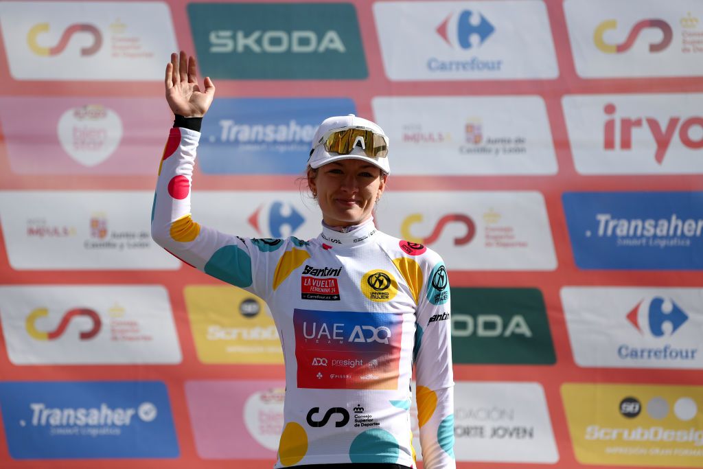 JACA SPAIN MAY 02 Karlijn Swinkels of The Netherlands and UAE Team ADQ Polka Dot Mountain Jersey celebrates at podium during the 10th La Vuelta Femenina 2024 Stage 5 a 1139km stage from Huesca to Alto del Fuerte Rapitan Jaca 1103m UCIWWT on May 02 2024 in Jaca Spain Photo by Alex BroadwayGetty Images