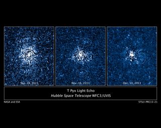 These three images taken by NASA's Hubble Space Telescope reveal a disk of previously ejected material around an erupting star being illuminated by a torrent of light unleashed during a stellar outburst. Image released June 4, 2013.
