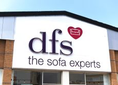 DFS the sofa experts store sign on building exterior, store frontage