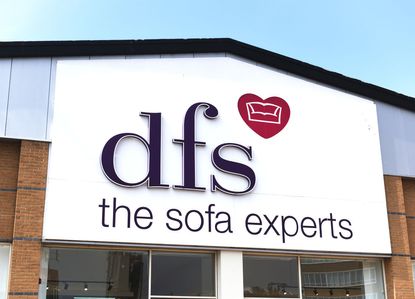 DFS the sofa experts store sign on building exterior, store frontage