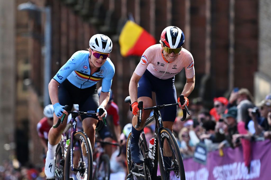 GLASGOW SCOTLAND AUGUST 13 LR Lotte Kopecky of Belgium and Demi Vollering of The Netherlands attack during the Women Elite Women U23 Road Race a 1541km race from Loch Lomond to Glasgow at the 96th UCI Cycling World Championships Glasgow 2023 Day 11 UCIWWT on August 13 2023 in Glasgow Scotland Photo by Dario BelingheriGetty Images