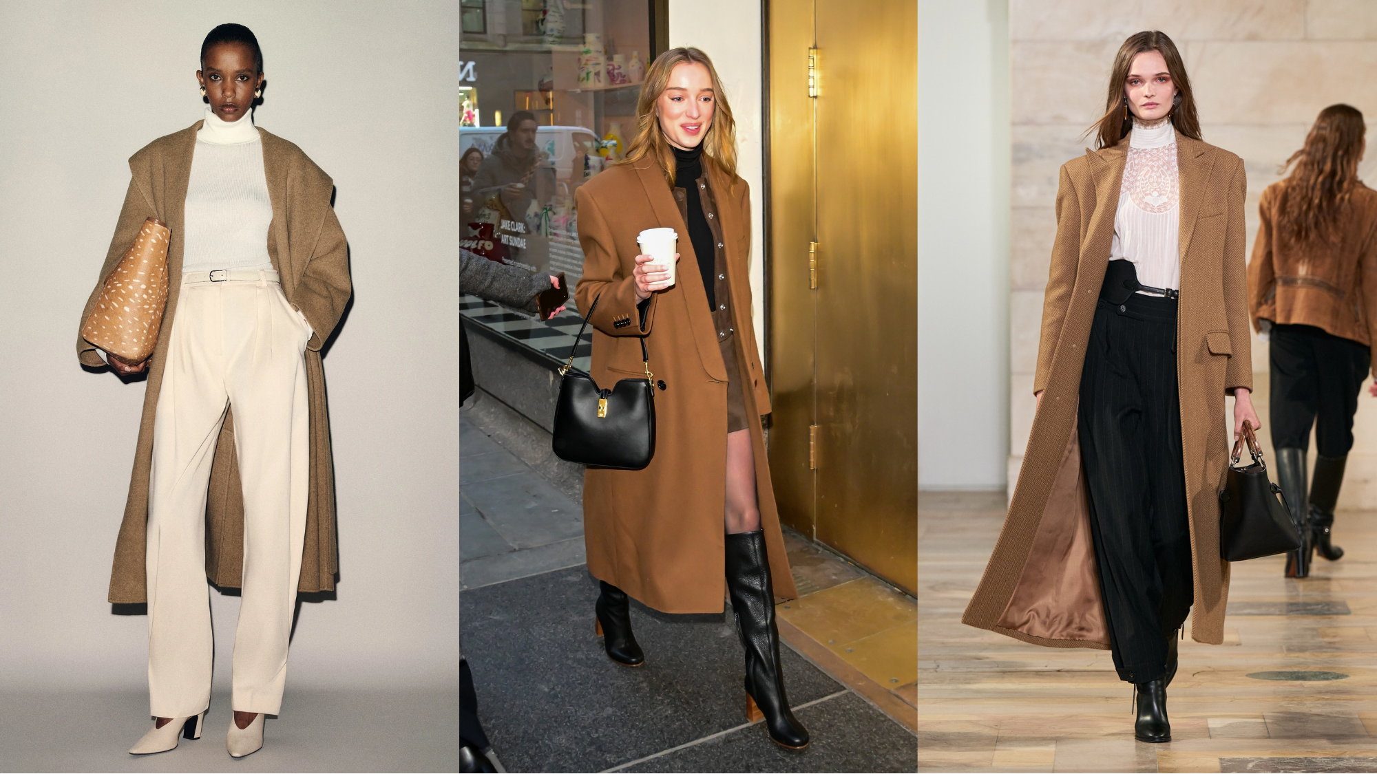 A collage of the best camel coats for women in 2026.