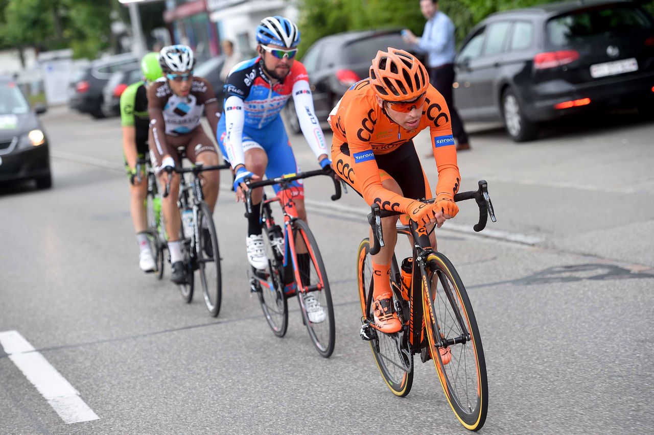 Axel Domont (AG2R La Mondiale), Marek Rutkiweicz (CCC Sprandi), Matej Mohoric (Cannondale-Garmin) and J&eacute;r&ocirc;me Baugnies (Wanty-Groupe Gobert)