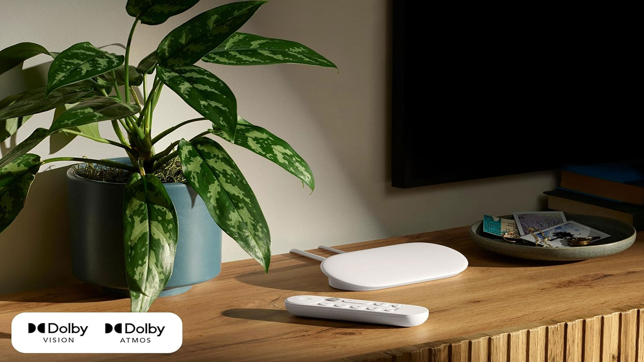 A slim white box is placed on a wooden surface next to a white remote controller, a house plant and a television.