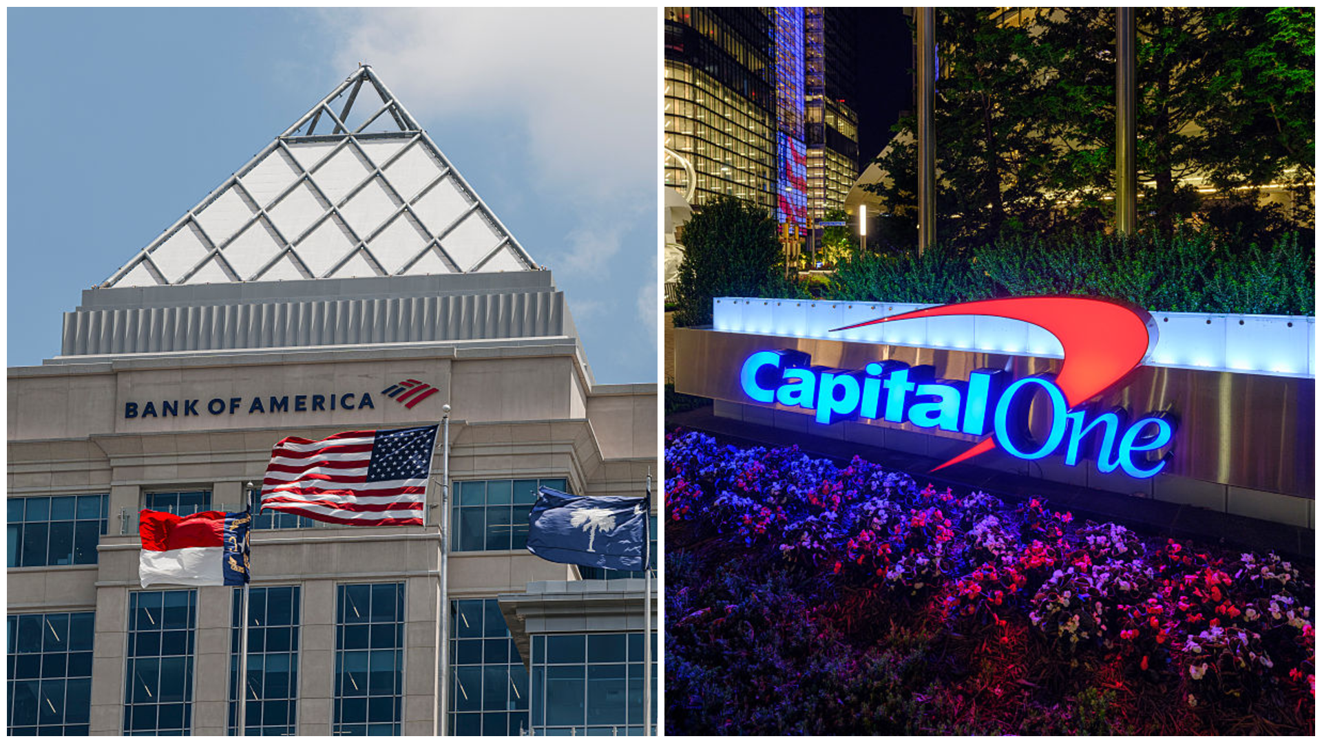 A collage of an image of a Bank of America building and a Capital one building. 