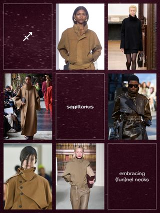 a collage showing the best fall trend for the zodiac sign Sagittarius with the funnel neck trend shown on the runway of Brandon Maxwell, Bevza, Stella McCartney, Giada, Eudon Choi, Calcaterra