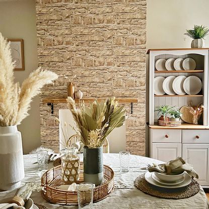 dining room with white kitchen shelves