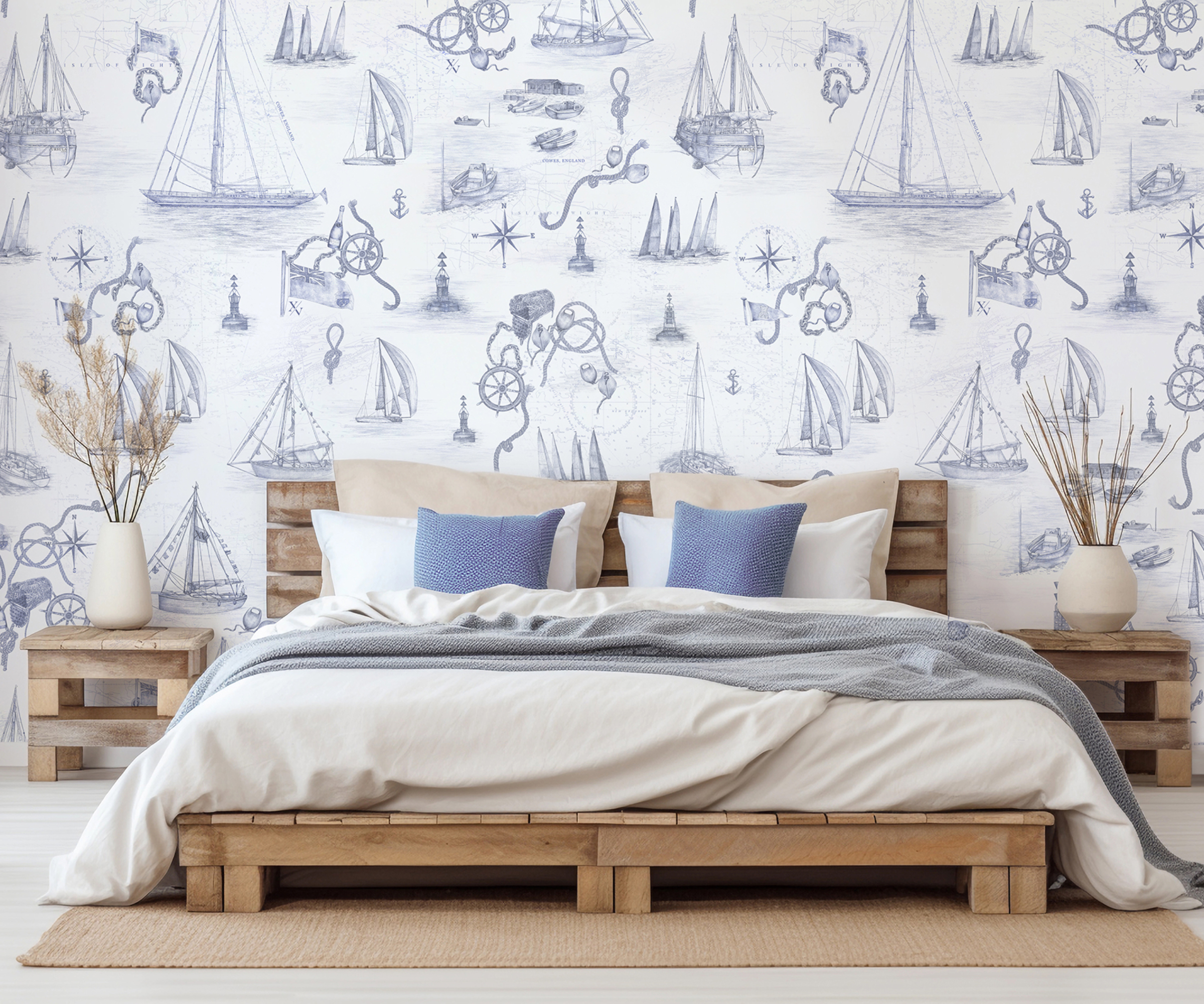 coastal inspired bedroom scheme with blue and white wallpaper