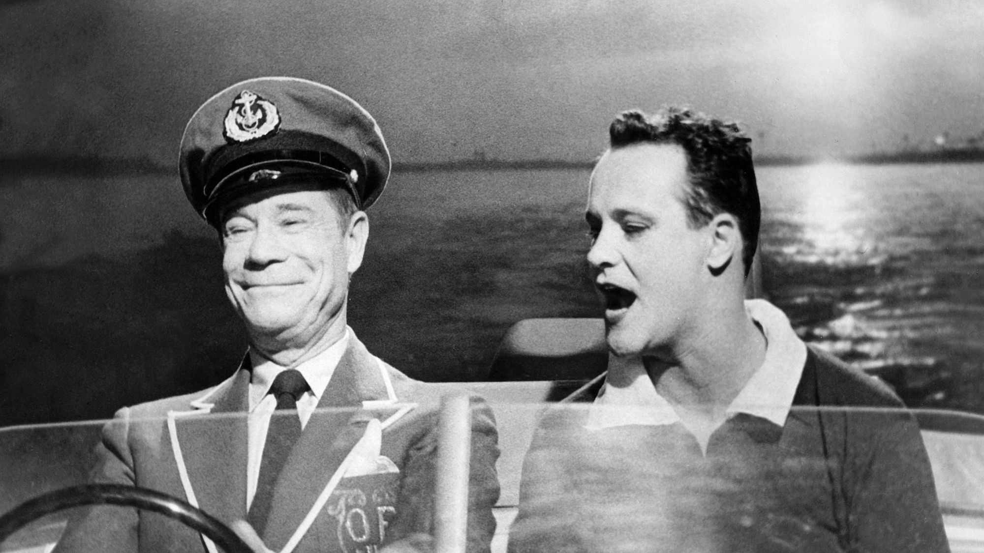 Joe E. Brown and Jack Lemmon in a boat in Some Like It Hot