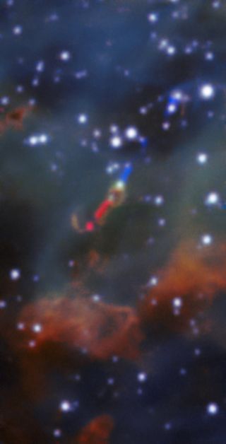 A jet of material spewed by a massive young star stretches nearly 33 light-years in length. This is the first time such a jet has been spotted in visible light outside of the Milky Way. 