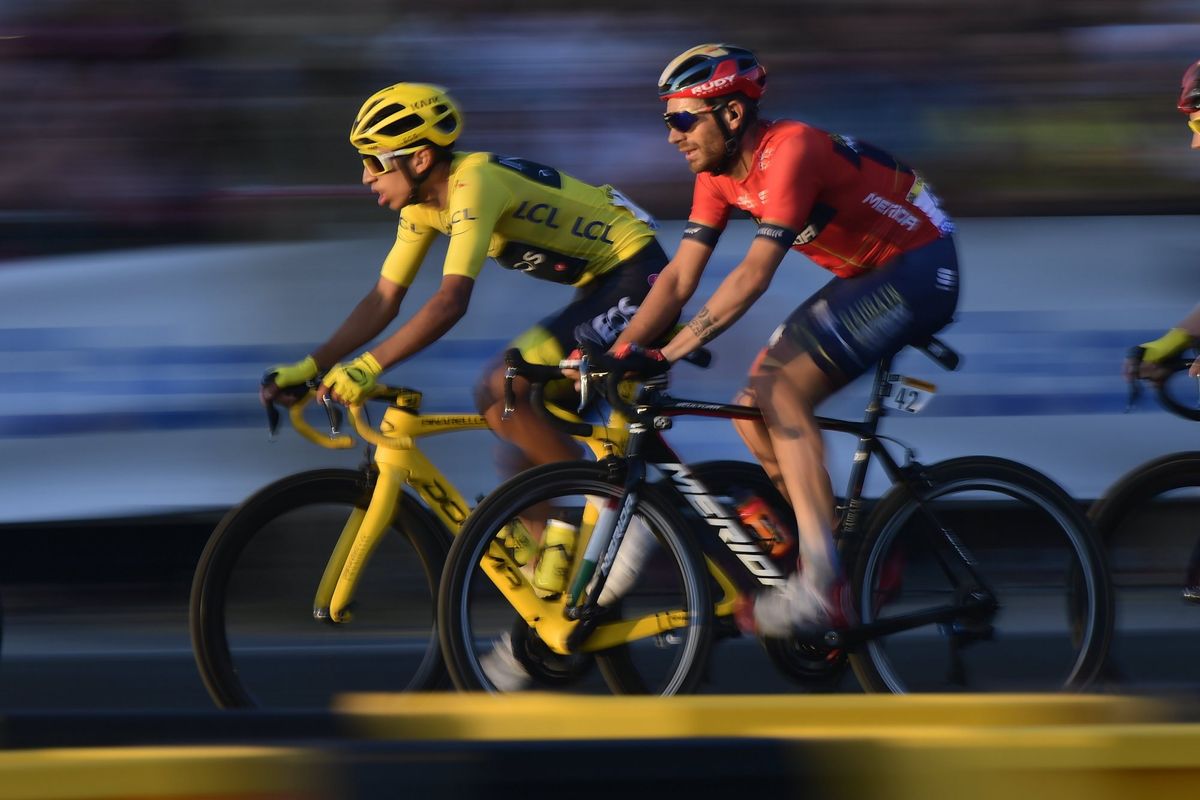 Egan Bernal (Team Ineos) rides in the Tour de France yellow jersey