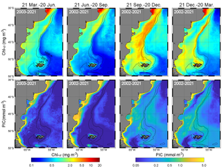 A figure from a research paper showing how phytoplankton blooms grow over time in the Patagonian Shelf Break