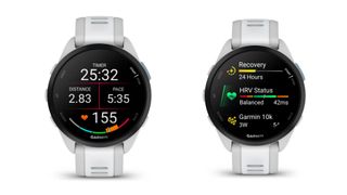 Garmin Forerunner 165 in two view - workout view and the scrollable screen with recovery and HRV status