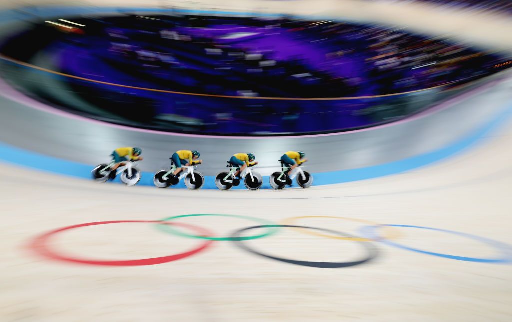 PARIS FRANCE AUGUST 05 A general view of Sam Welsford Oliver Bleddyn Conor Leahy and Kelland OBrien of Team Australia compete during the Mens Team Pursuit Qualifiers on day ten of the Olympic Games Paris 2024 at SaintQuentinenYvelines Velodrome on August 05 2024 in Paris France Photo by Pascal Le SegretainGetty Images