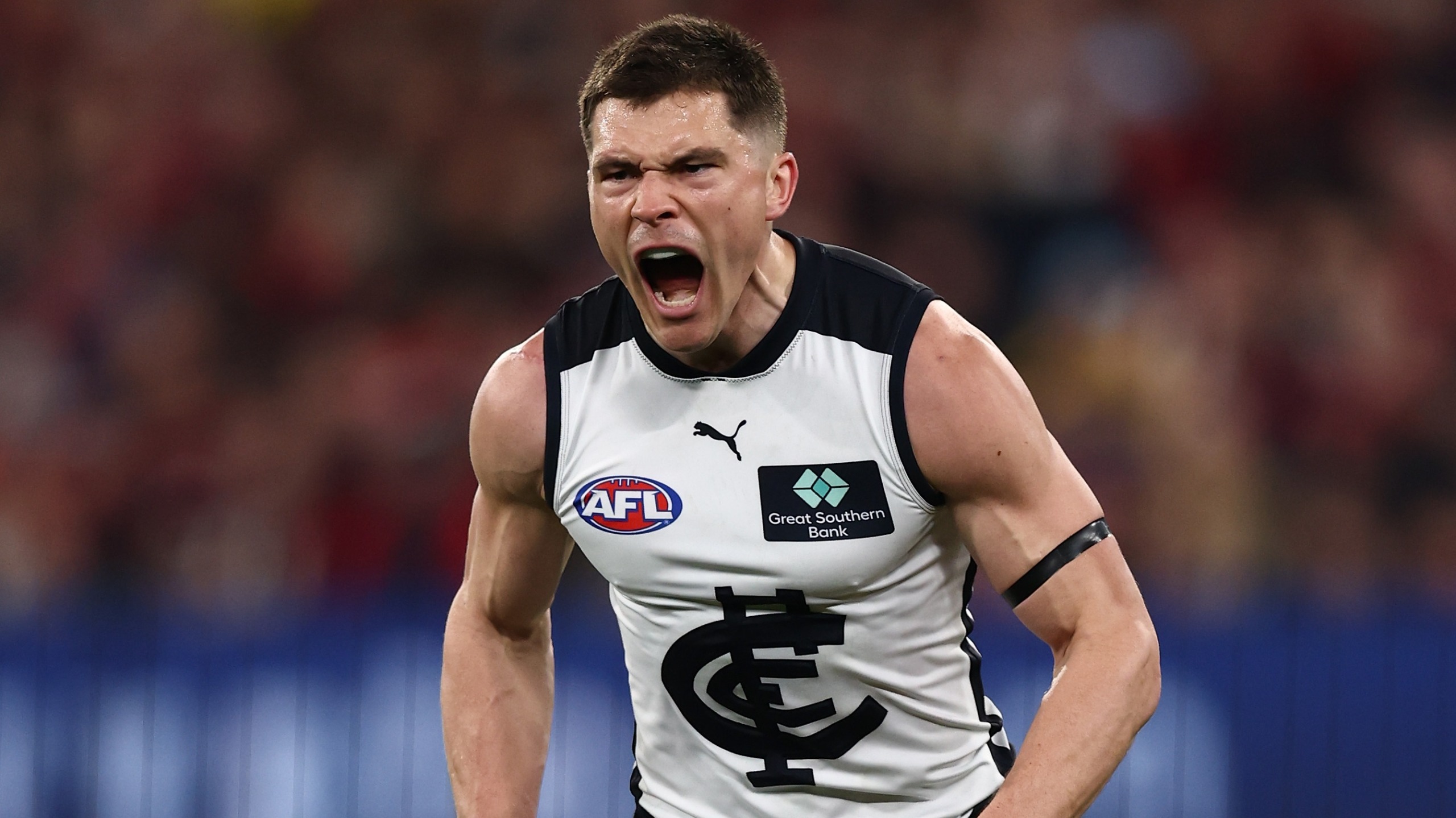 Ben Ainsworth of the Blues celebrates a goal during the 2026 AFL First Wildcard Final against the Melbourne Demons at the Melbourne Cricket Ground on August 29, 2026 in Melbourne, Australia.