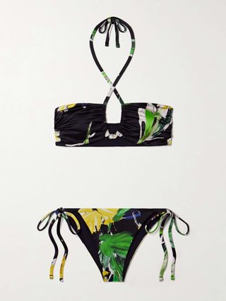 Bahia Pearl-Embellished Printed Stretch-Econyl® Halterneck Bikini