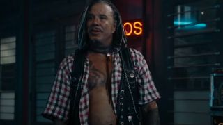 Mickey Rourke talking in a tattoo shop in The Expendables.