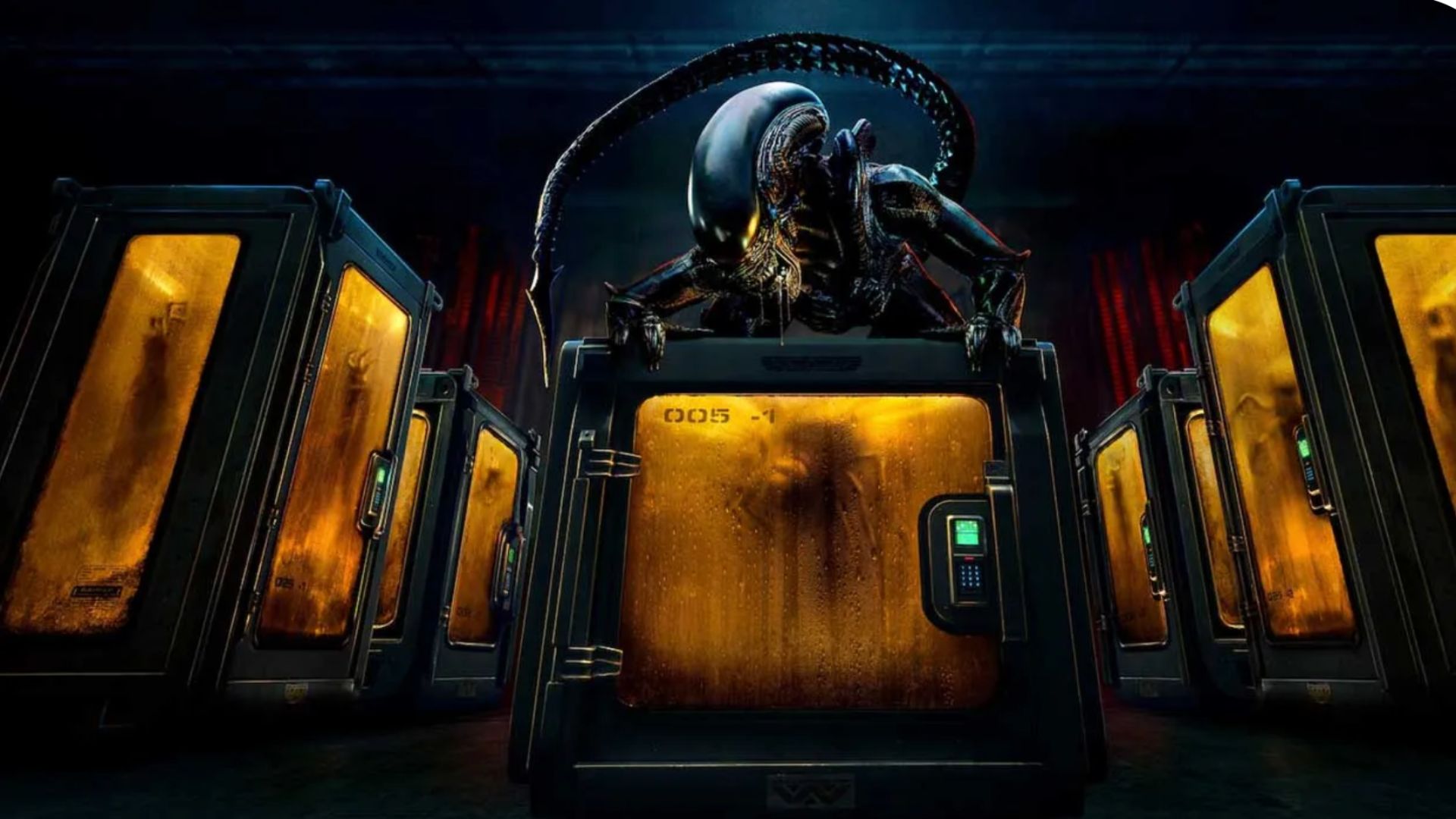 an image of a dystopian creature on top of five locked vaults which are glowing yellow